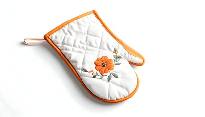 Quilted oven mitt with floral embroidery and orange trim on white, hanging loop visible