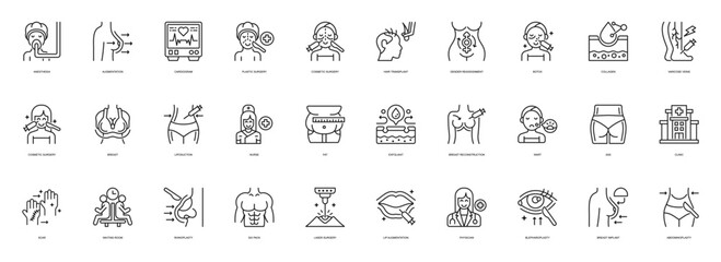 Cosmetic Surgery line style icon set. Containing Anesthesia, Augmentation, Cardiogram, Plastic Surgery, Cosmetic, Surgery