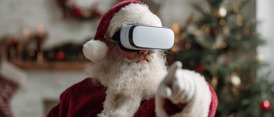 The Santa Claus Wearing a Virtual Reality Headset Points in a Festive Living Room