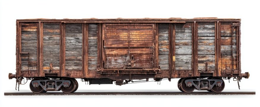 The Boxcar Weathered Wooden Freight Car on Rusted Rail Tracks Against White Background