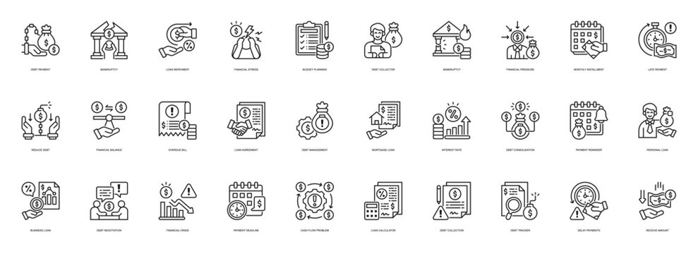 Debt Management line style icon set. Containing Debt Payment, Bankruptcy, Loan Repayment, Financial Stress, Budget Planning