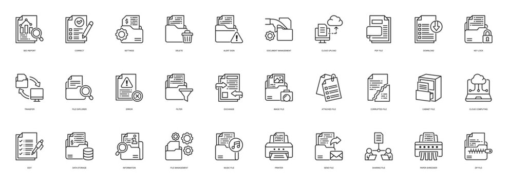File Management line style icon set. Containing Seo Report, Correct, Settings, Delete, Document Management, Cloud Upload