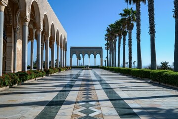 Hassan ii mosque marble colonnade leading to an ornamental archway with palm trees under clear sky