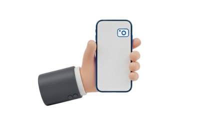 Cartoon hand holding smartphone with camera icon