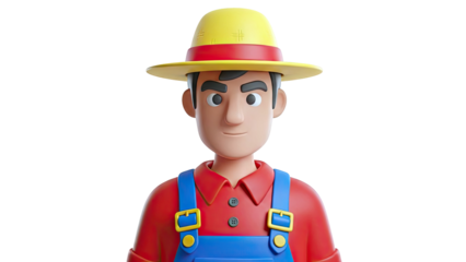 3D Cartoon Farmer in Overalls and Straw Hat