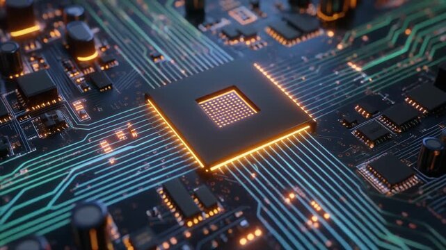Close-up of glowing blue microchip on circuit board with illuminated data pathways and electronic components