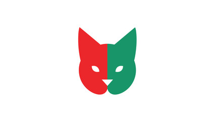 Cat face logo design with red and green colors, simple and modern style.