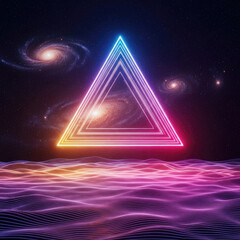 Neon Triangle Portal in Cosmic Galaxy Landscape.