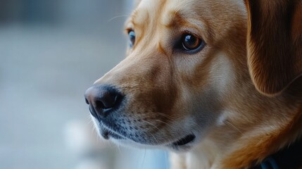 A close-up of a dog's face with an inquisitive expression. The dog is outdoors and appears attentive to something out of frame.