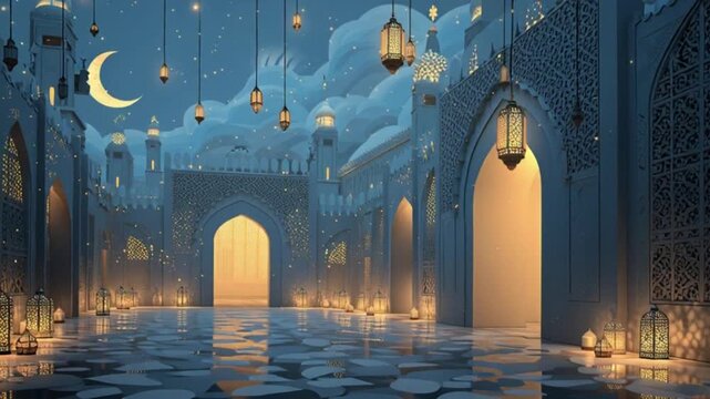 Islamic background for ramadan lantern and crescent moon. seamless looping 4K virtual video animation background
