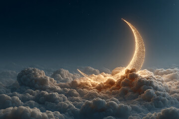 Sparkling crescent moon glowing brightly above fluffy white clouds
