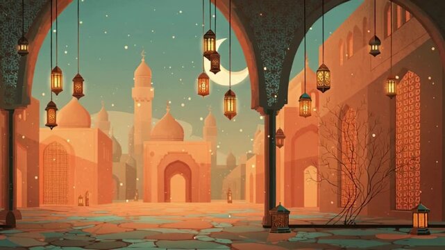 Islamic background for ramadan lantern and crescent moon. seamless looping 4K virtual video animation background