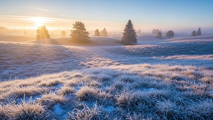 Serene frosty landscape, sunrise over frozen grassy field with trees, creating peaceful atmosphere with natural lighting