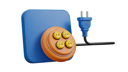 Abstract 3D rendering of a blue tablet with orange button interface and plug