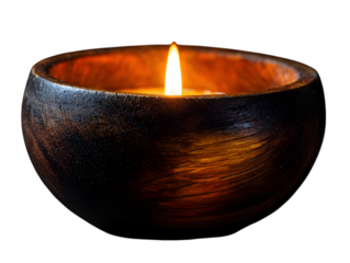 Warmly lit wooden bowl candle isolated on white background