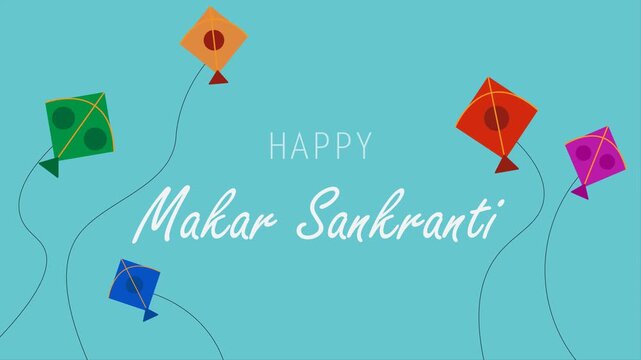 Colorful 4K motion graphic of Makar Sankranti with flying kites on blue background. Festive animation for Indian festival greetings, celebration videos, social media, and digital displays.