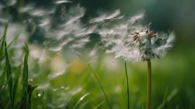 A serene, close-up shot captures the delicate beauty of a dandelion seed head, glistening with tiny water droplets. Each fluffy seed is meticulously detailed, set against a soft-focus background of lu