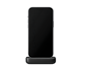 Minimalist unbranded phone stand holding a blank black screen isolated on transparent background.
