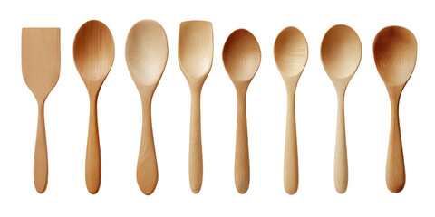 Set of plain wooden kitchen utensils spoon spatula and ladle aligned in a row isolated on transparent background.
