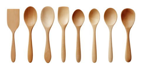Set of plain wooden kitchen utensils spoon spatula and ladle aligned in a row isolated on transparent background.
