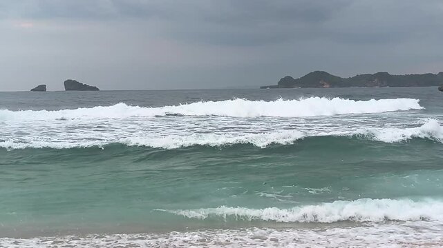 View of the southern sea of ​​Malang, East Java, Indonesia, with fierce waves