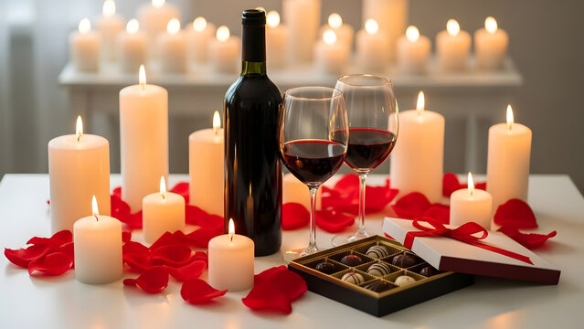 Romantic Candlelit Dinner Setup with Wine, Chocolates, and Roses for Valentine's Day Celebration