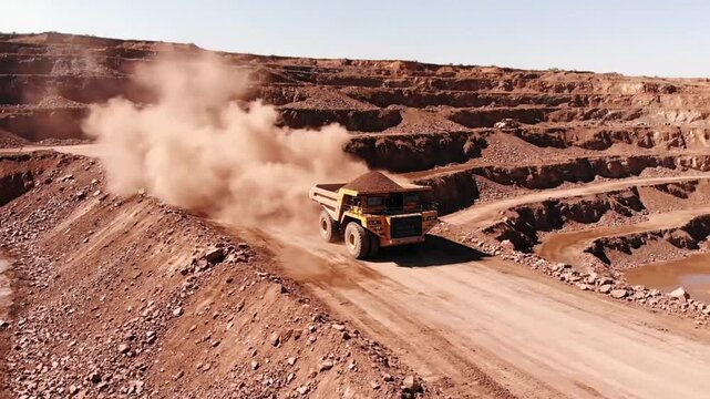professional aerial drone footage of large mining dump truck hauling material across open pit excavation site realistic scale dust rising daylight clean cinematic industrial video
