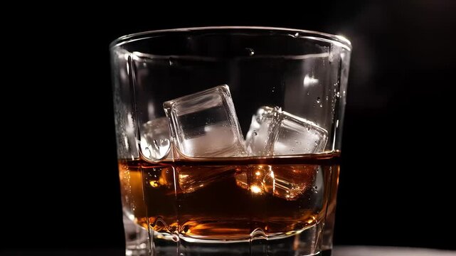 Pouring whiskey over ice cubes in a glass in a dark setting during evening time