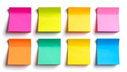Eight colorful adhesive notes arranged in a grid, slightly angled against a white backdrop
