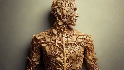Surreal human figure intertwined with roots and leaves, natures embrace.