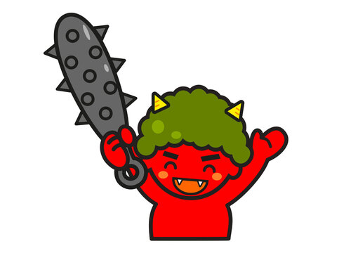 金棒を持つ笑顔でかわいい赤鬼のイラスト