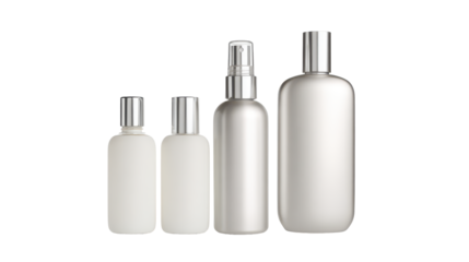Blank travel toiletry bottle set with three small bottles and one spray isolated on transparent background.
