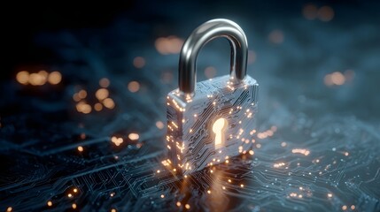 Digital padlock with glowing circuits on a network