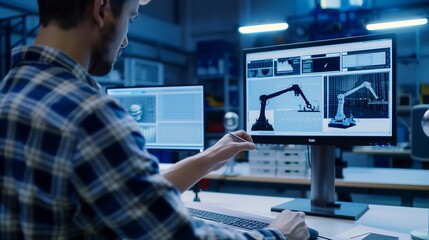 Back view of a man working on computer screens showing robotic arm simulations in a lab setting