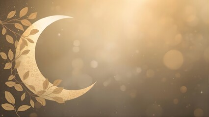 Golden Crescent Moon Adorned with Leaves in a Serene Night Sky with Soft Bokeh Effect