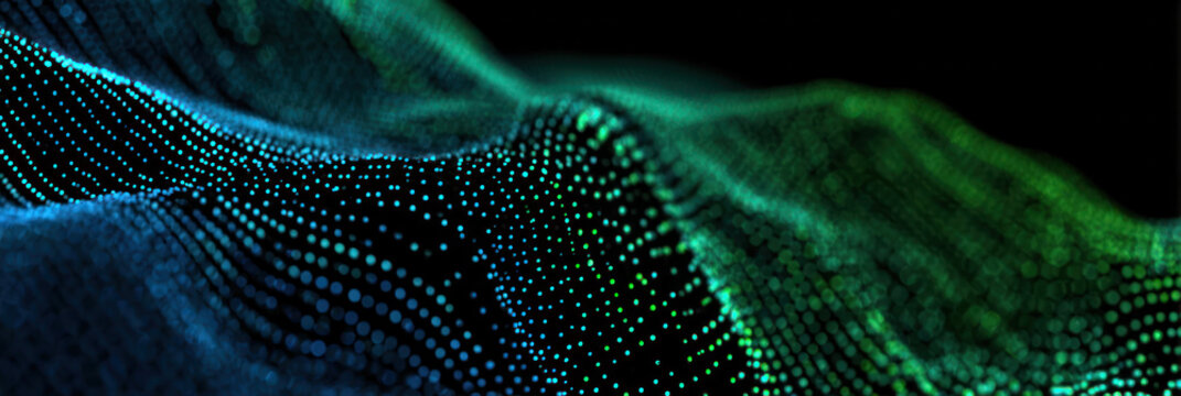 Abstract 3D data visualization with glowing dots forming wave-like patterns. Futuristic digital landscape, representing technology, data flow, or abstract information. - Powered by Adobe
