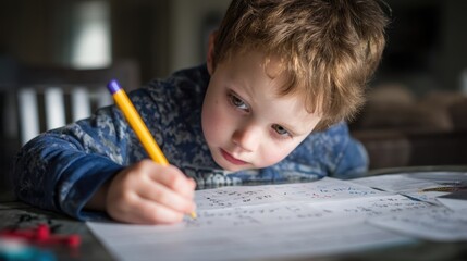A young child focuses on homework writing with a pencil on a sheet of paper. The child works at a table in a bright indoor setting during daytime hours.