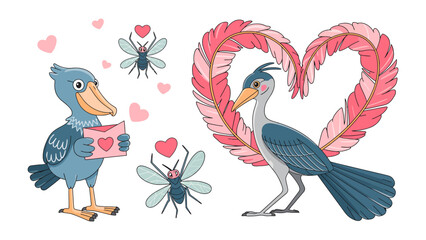Love Birds' Valentine: An illustrated scene featuring two Shoebill birds exchanging heartfelt affection amidst delicate hearts and elegant fly. A cute visual for celebration of the love.
