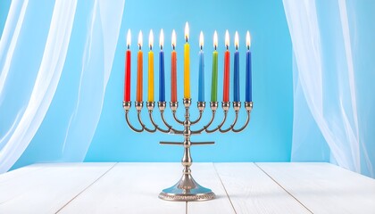 a colorful candelabra with many lit candles against a blue background