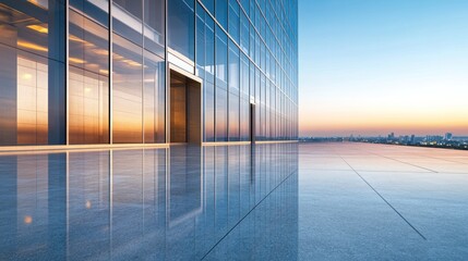 Modern building entrance, city skyline sunset, reflective floor, corporate