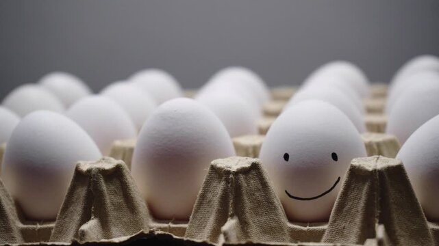 A single happy egg nestled in its carton, a cheerful face beaming among its counterparts, exuding positivity and the promise of new beginnings.