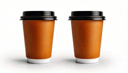 Two Brown Paper Coffee Cups with Black Lids.
