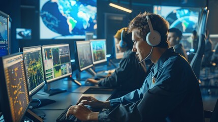 Inside a control room, people monitor screens, wearing headsets, focused on operations