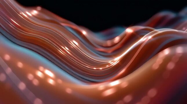 Flowing satin wave with soft glowing light dots and warm copper ripple shimmer glow elegant glossy fabric flow motion curve reflection