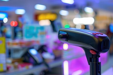 Barcode scanner resting at a retail store checkout providing efficient sales