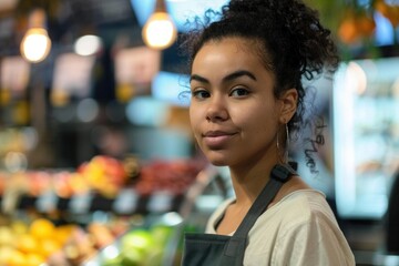 Smiling young adult employee wearing apron in supermarket checking fresh produce