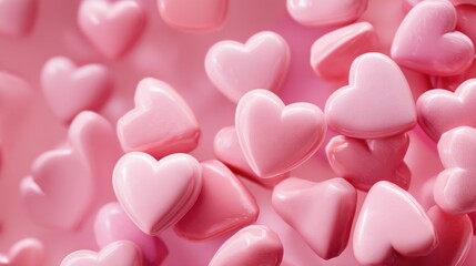 Small pink hearts are scattered across a light background creating a lively scene. These heart shapes can be used for decorations or themed events to express feelings of love.