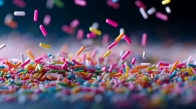 Rainbow sprinkle falling motion closeup shallow depth of field candy sugar confection topping closeup shallow depth motion blur pastel sugar