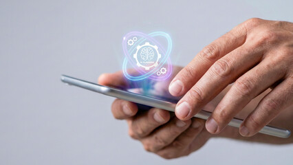 Generative ai high level planning concept with glowing brain icon hovering above digital tablet held by hand in modern technology environment