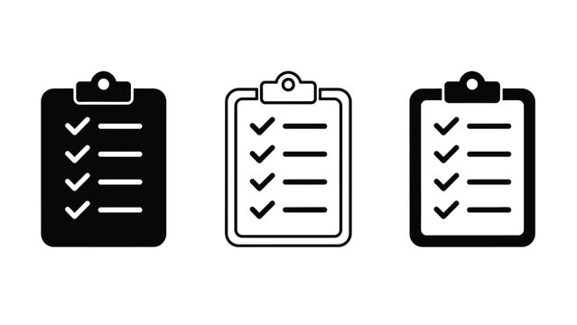 Three black and white clipboard icons with checklists on a plain background